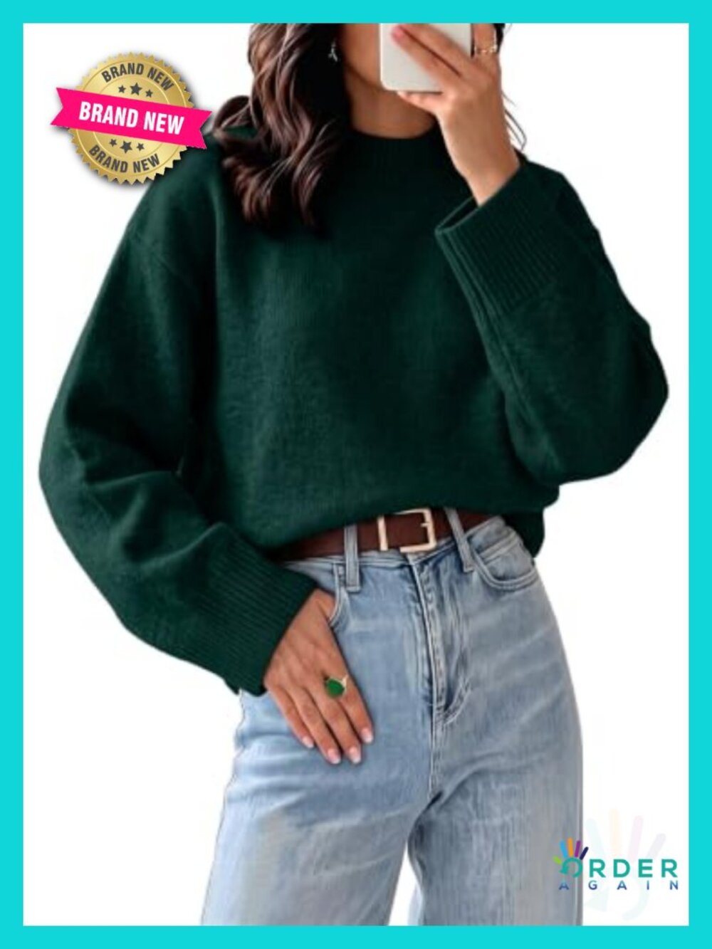 Oversized Mock Neck Knit Pullover Sweater Batwing Sleeve